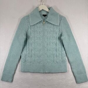 Talbots Womens Medium Light Green Full Zip Pointelle Knit Collared Cardigan
